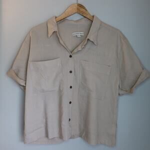 Alexander Jordan Womens Short Sleeve Button Shirt L Beige Cuffed Sleeves 90s